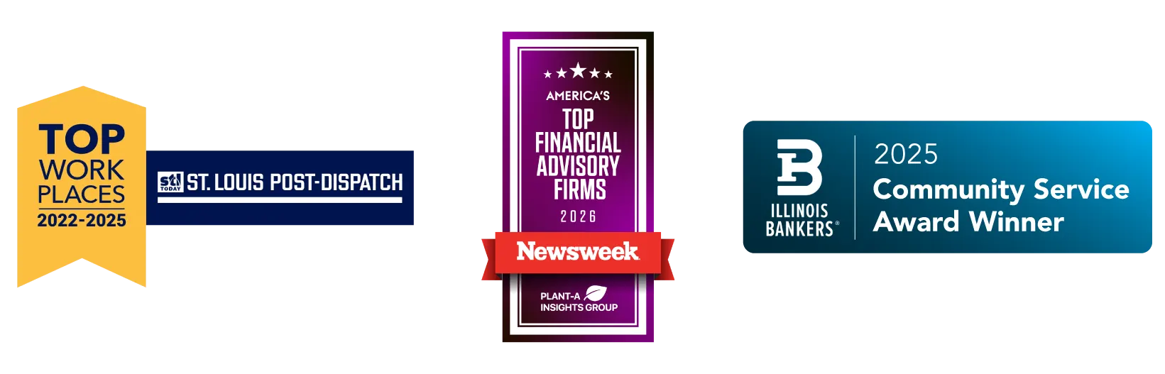 2022-2025 Top Workplaces Award, Top Financial Advisory Firms 2026 Award, and 2025 Community Service Award Winner