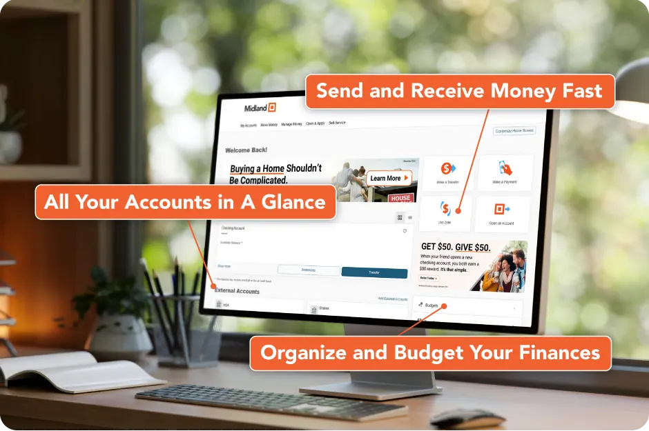 Updated online banking showing on computer
