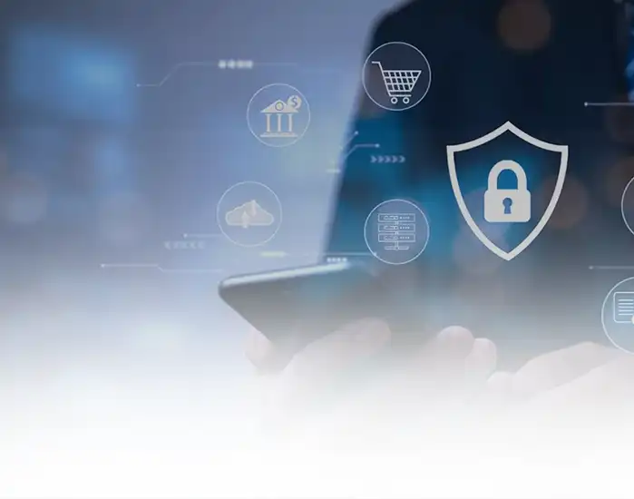 Up-close shot of person using cellphone with security and payment icons floating around it