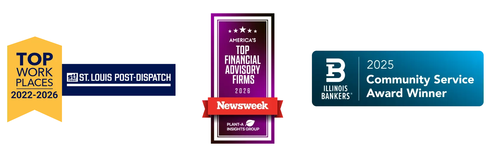 Top Work Places, Top Financial Advisory Firms, and Community Service Award Winner badges