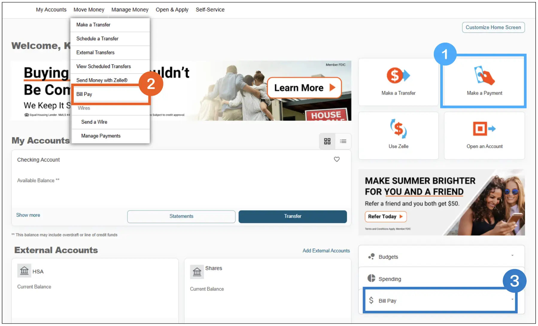 Online banking homepage with overlays to show were to access bill pay