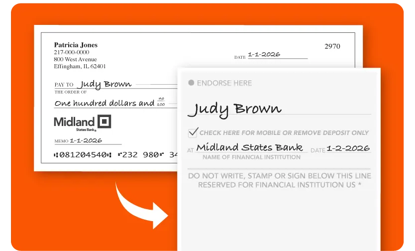 check example image showing front and back of a mobile deposit check