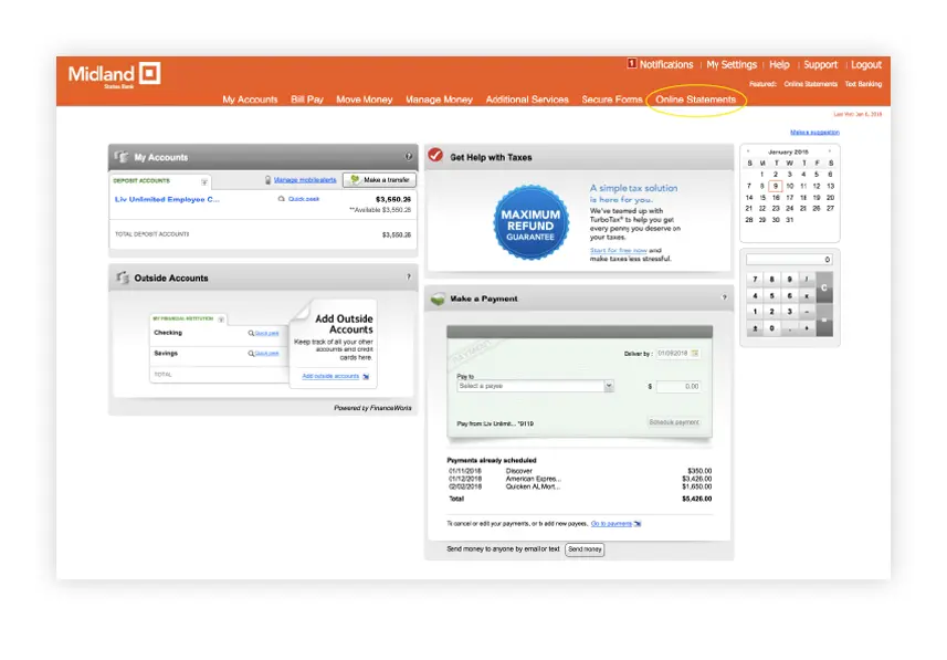 Screen capture click on Online Statements