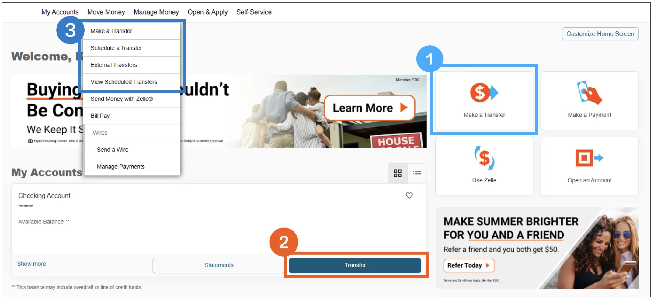 Online Banking screenshot showing how to find Transfers