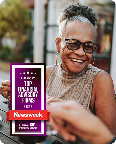 older woman enjoying coffee with a friend with Newsweek award overlaid