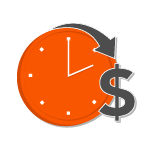 icon of a clock and an arrow pointing toward a dollar sign