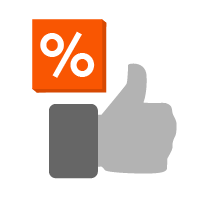 A thumbs up icon with a percent sign above it in an orange box