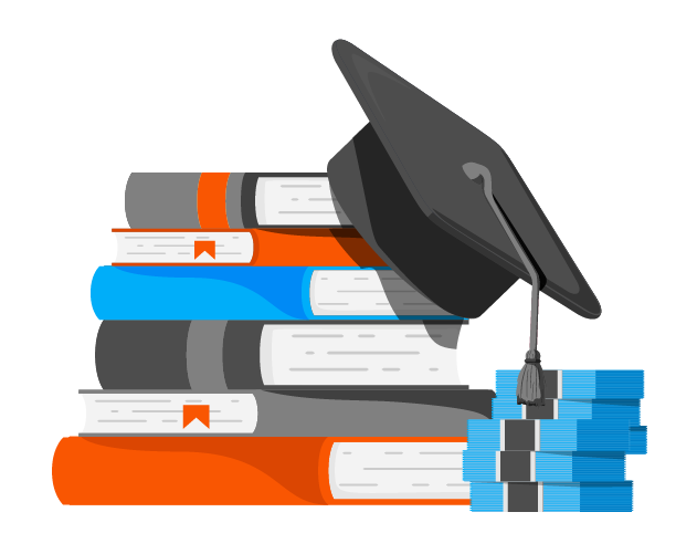 icon of stacked books, money and a graduation cap