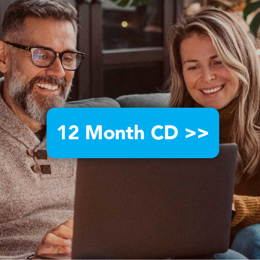 White couple looking over CD offers on computer while sitting at home on couch