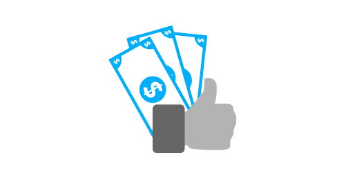 an icon of a thumbs up and three blue dollar bills