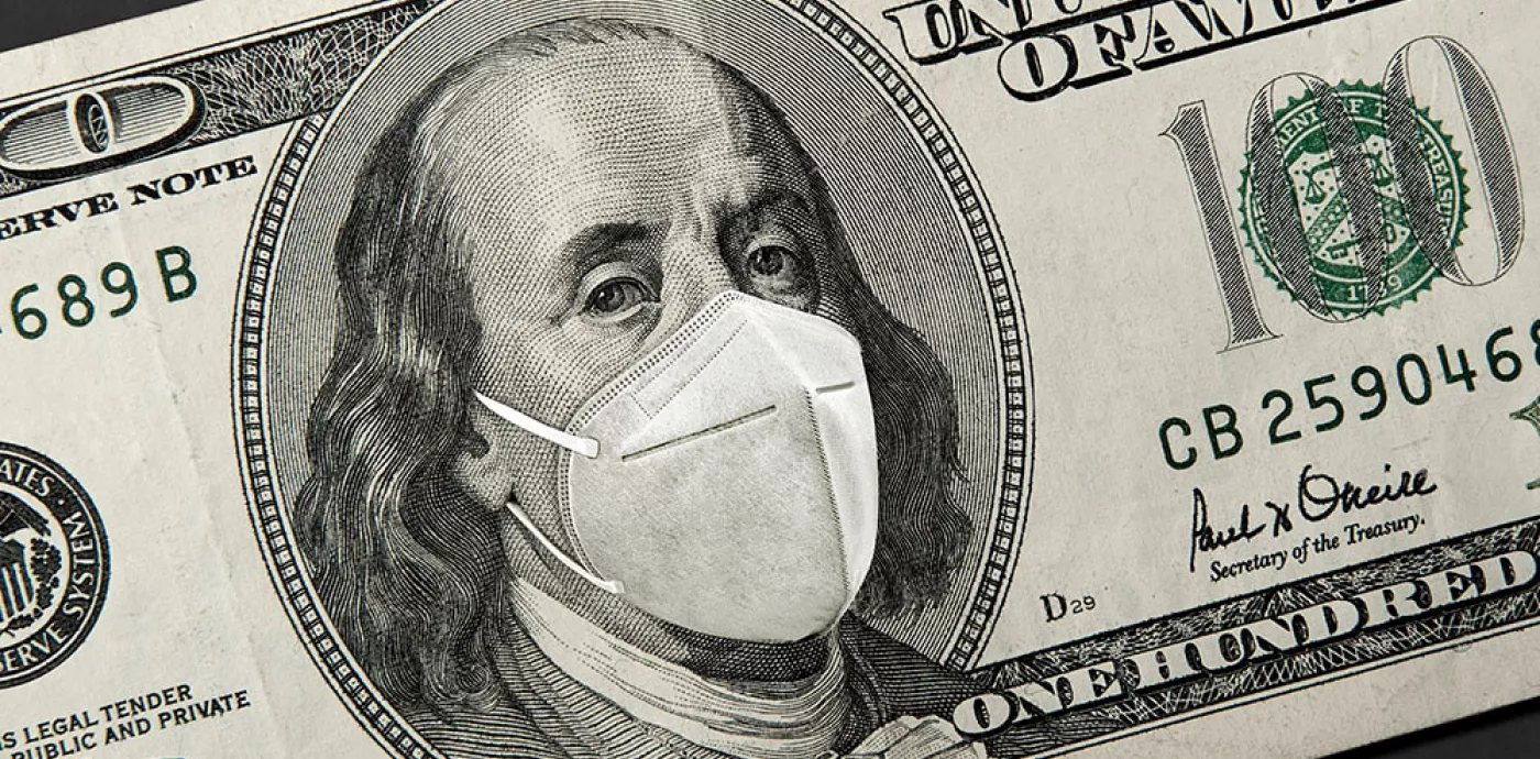 100 dollar bill with Benjamin Franklin wearing medical mask