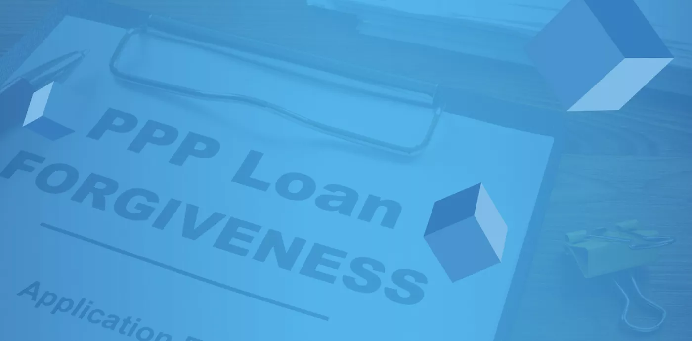 PPP loan forgiveness sheet on a clipboard with a cyan overlay