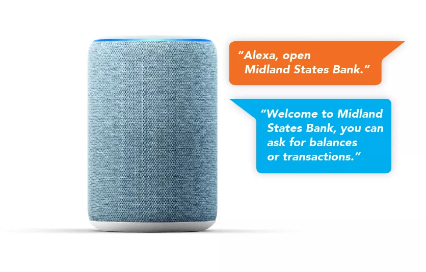 Alexa speaker with comment bubbles asking to open Midland Bank App