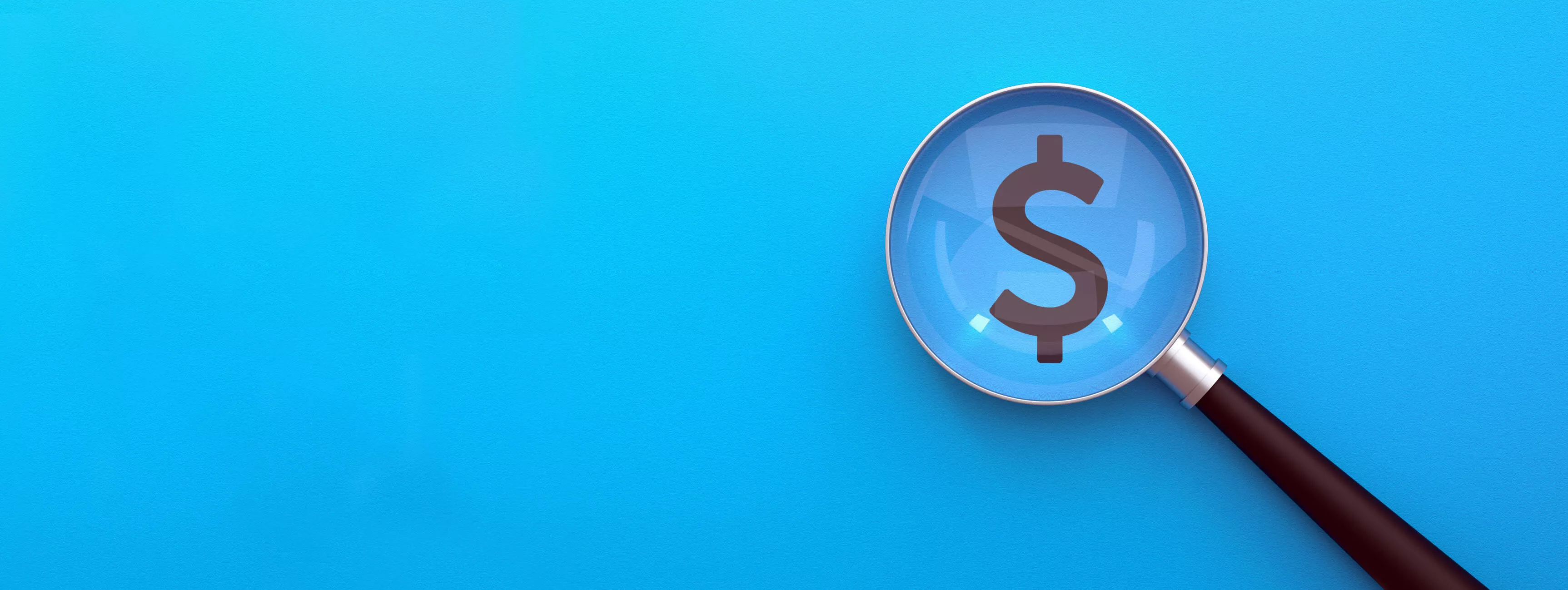 magnifying glass looking at dollar sign on blue background