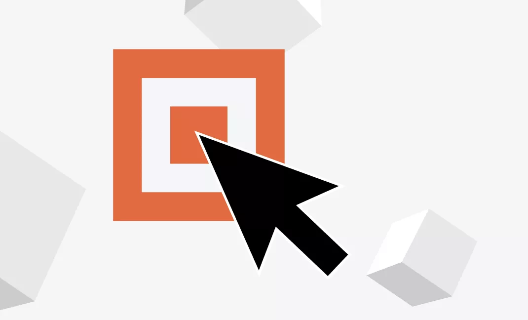 orange logo with cursor clicking on it and white blocks flying around