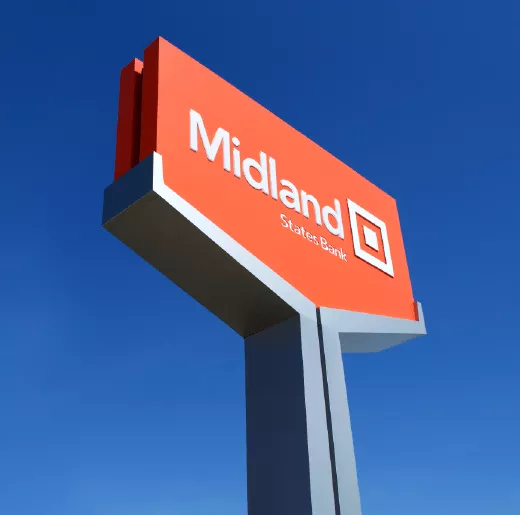 Midland States Bank sign on blue sky