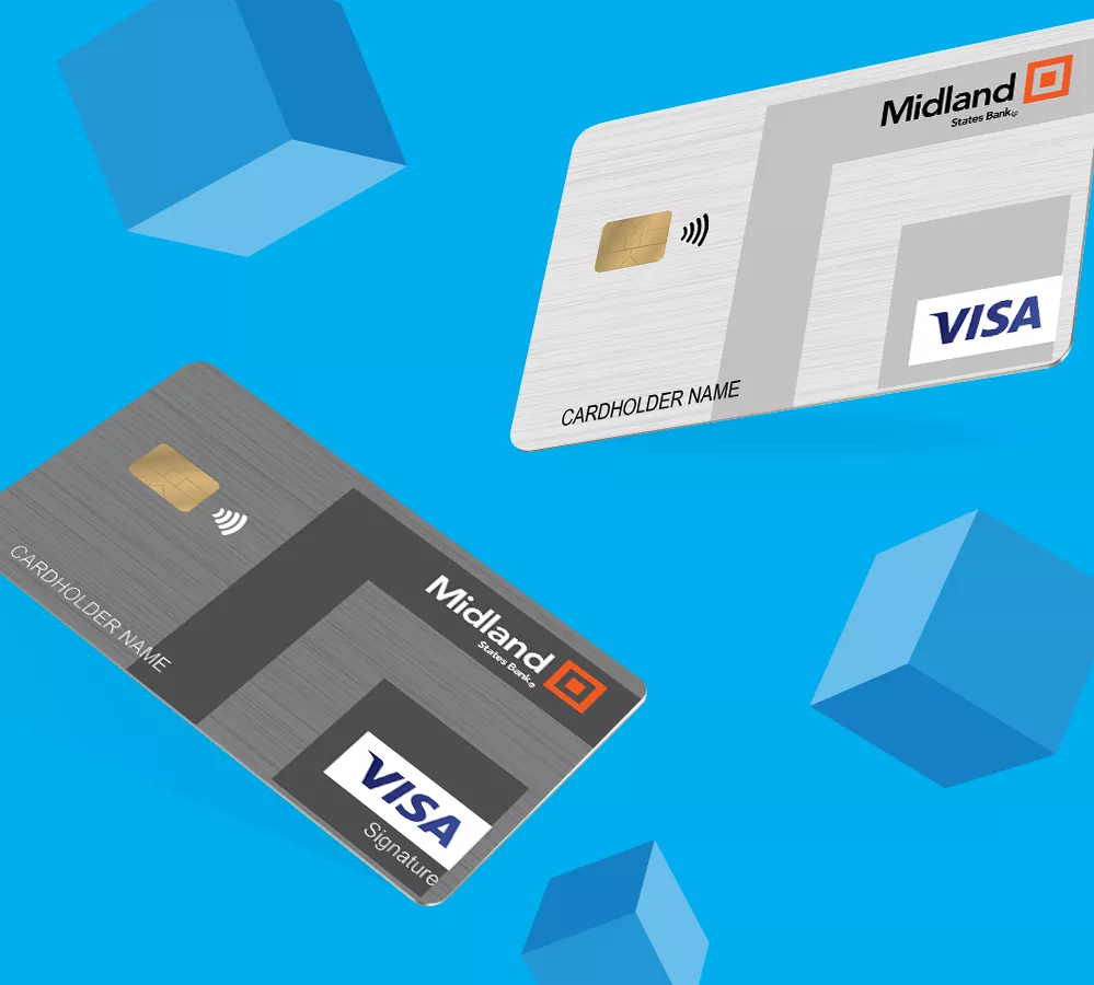 Midland credit cards floating on blue background with blue cubes