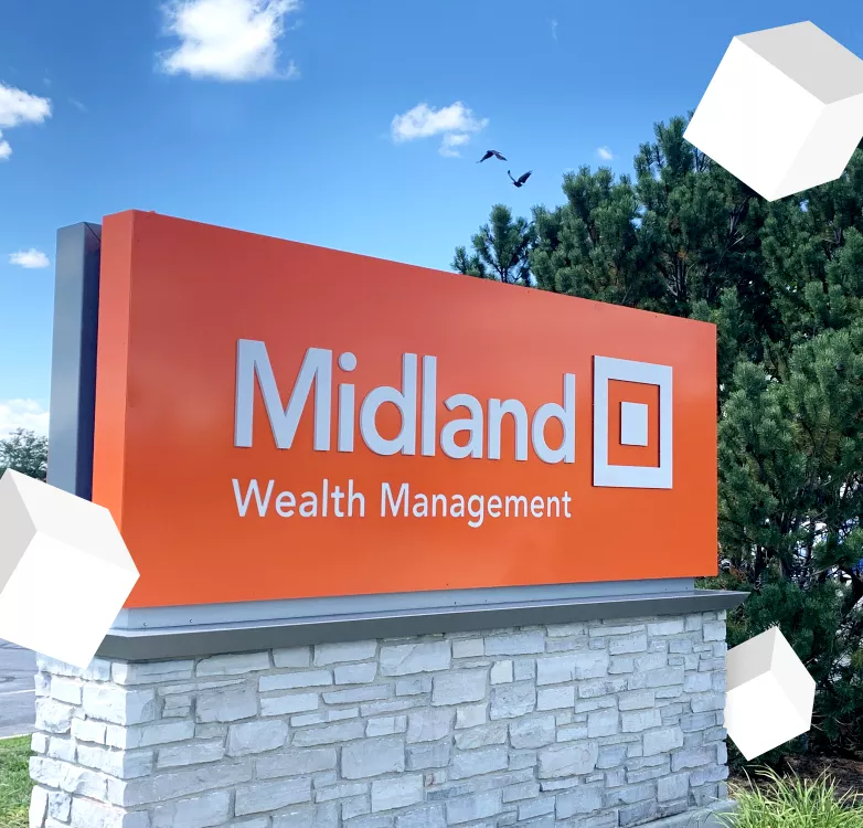 wealth sign on blue sky background with white cubes floating around it
