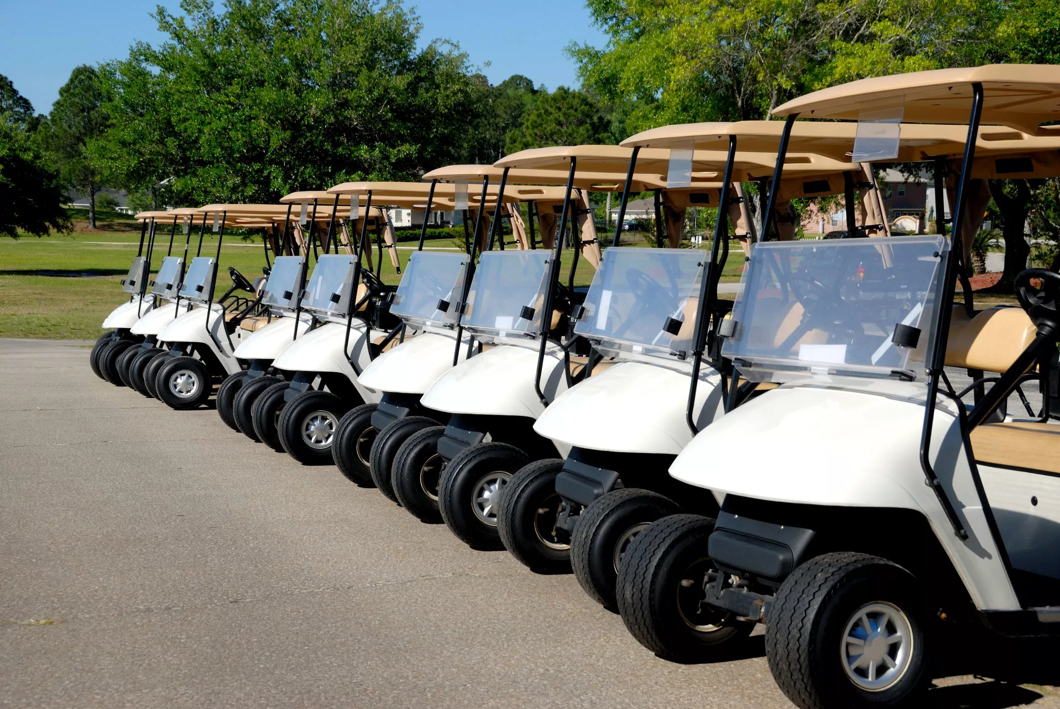 golf cars lined up at the course